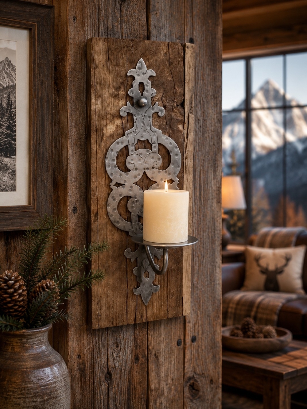 Rustic Metal Wall Candle Sconce with Cream Pillar Candle